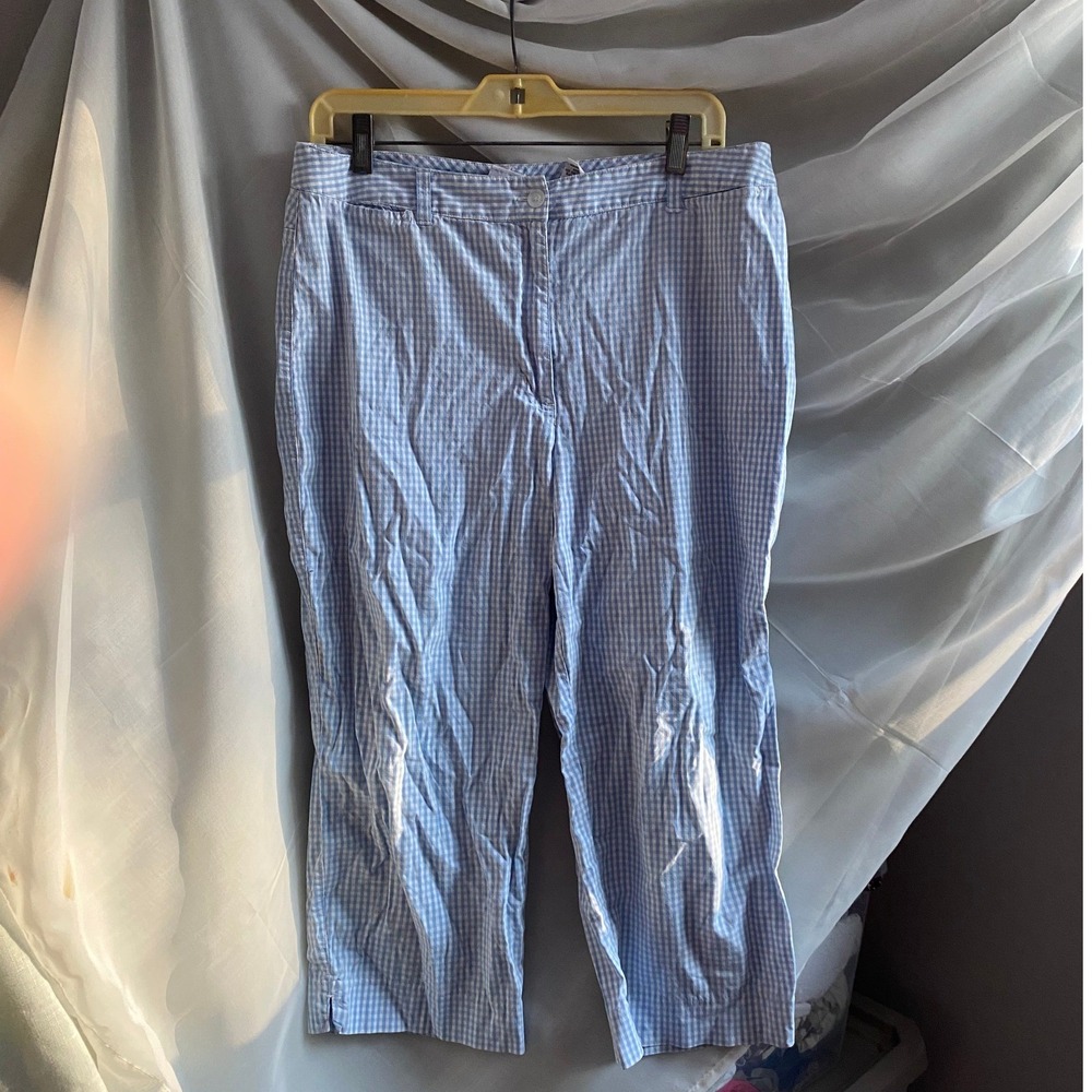 Vintage Gingham Check Cropped Blue Capri Pants 14 Cotton Preppy Euro Cottagecore